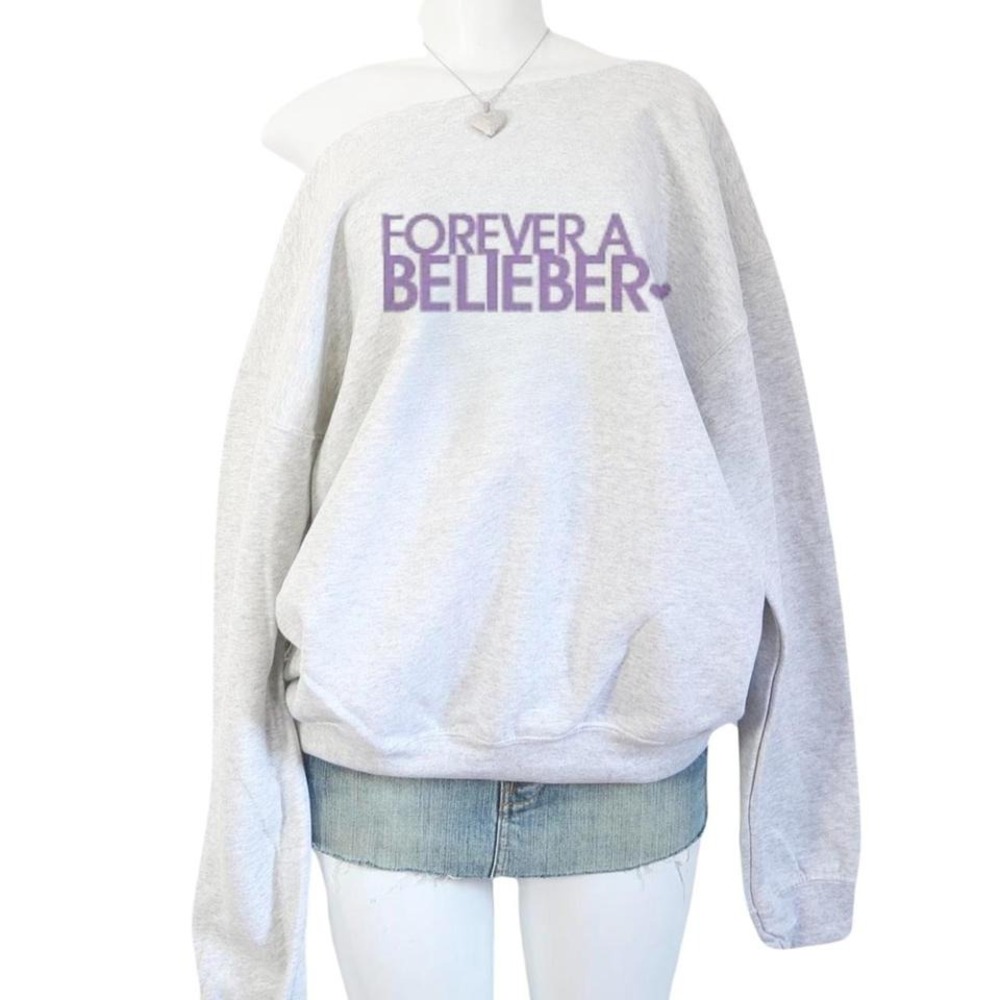grey off shoulder sweatshirt forever a belieber justin bieber graphic y2k